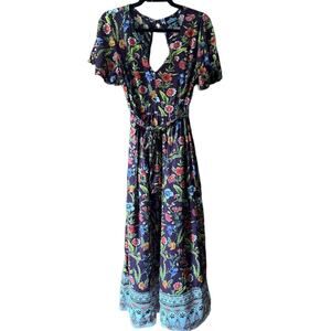 Angie Women's Maroon Boho Floral Smocked High Waist V-Neck Maxi Dress Size S